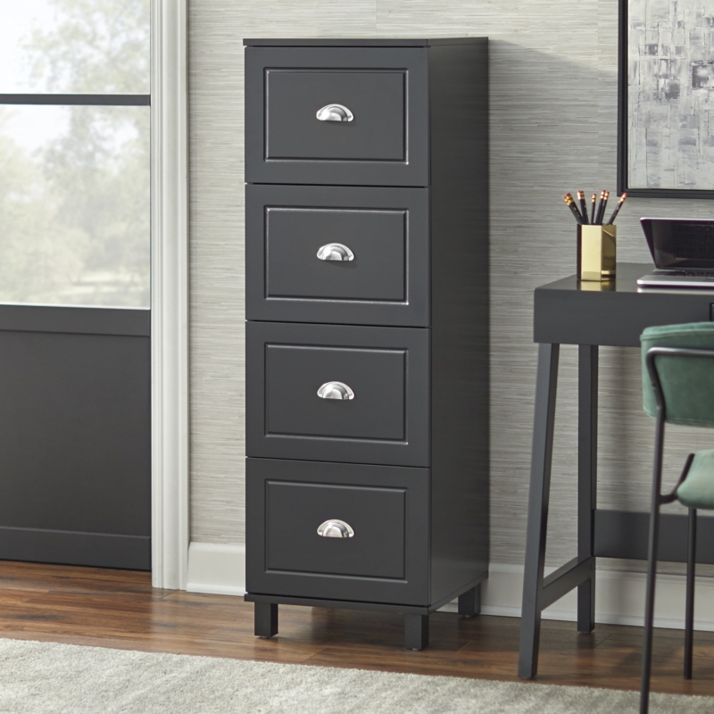 Vertical Filing Cabinet Four Drawers Silver Metal Pulls Slim Storage