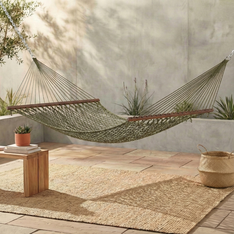 Vibrant Kelly Green Diamond Weave Rope Hammock with Knotted Fringe