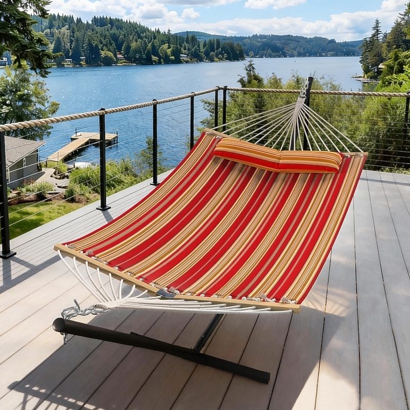Vibrant Red and Black Striped Hammock with Portable Metal Stand