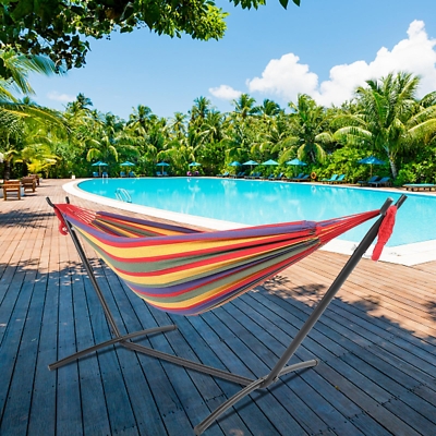 Vibrant Red Fabric Portable Hammock with Freestanding Metal Stand