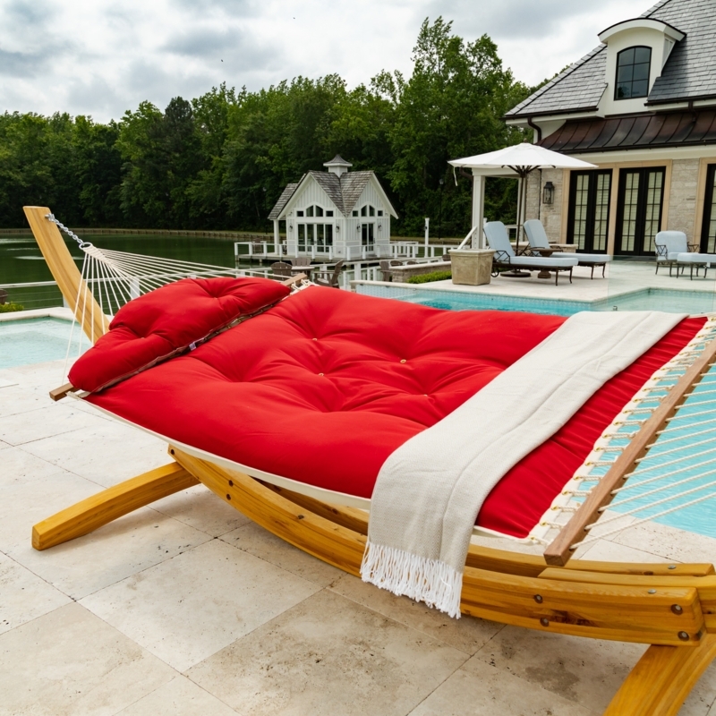 Vibrant Red Hammock, Tufted Cushion, Spreader Bars for Coastal Deck Area