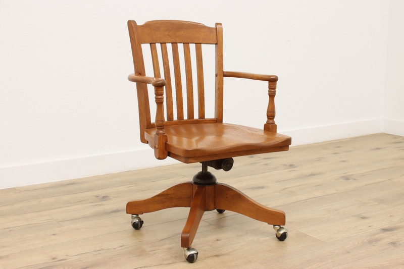 Vintage Desk Chair Iron Base Spindle Back Traditional Library Swivel