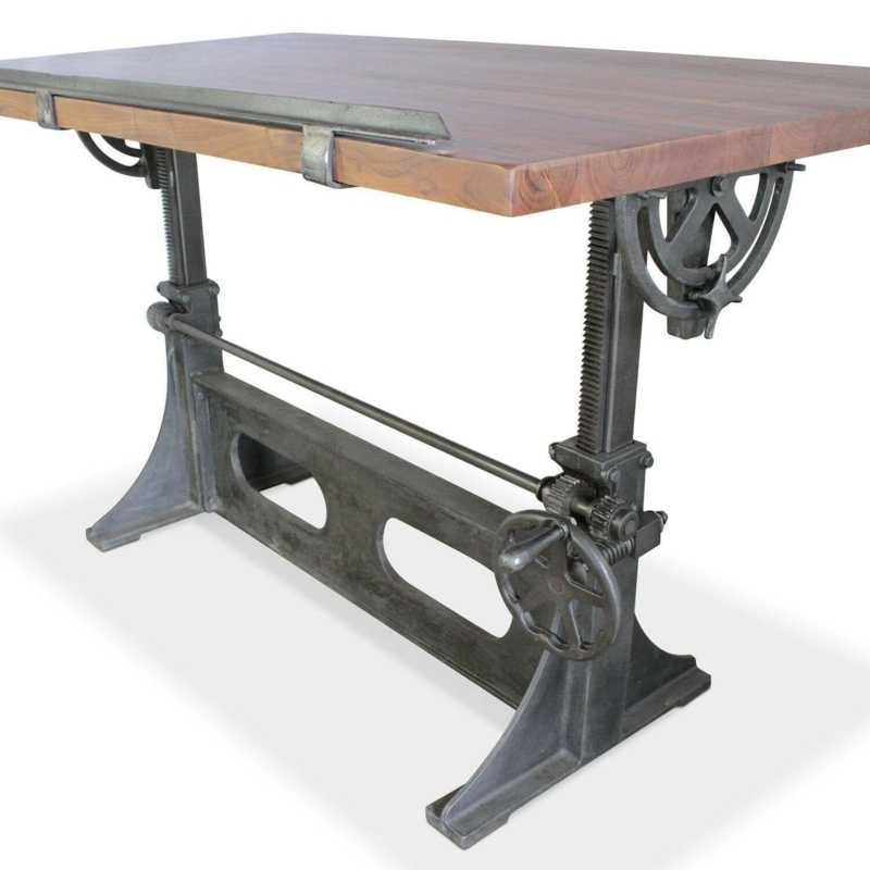 Vintage Style Tilting Drafting Table, Wood Top, Crank Base, Pencil Ledge