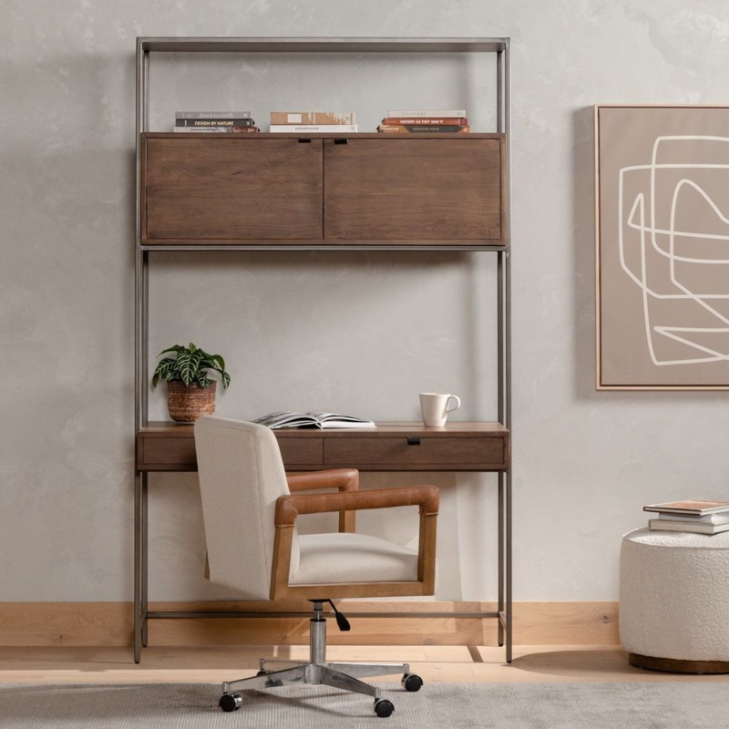 Wall Desk Modular Unit Auburn Wood Tone Integrated Shelving Home Office