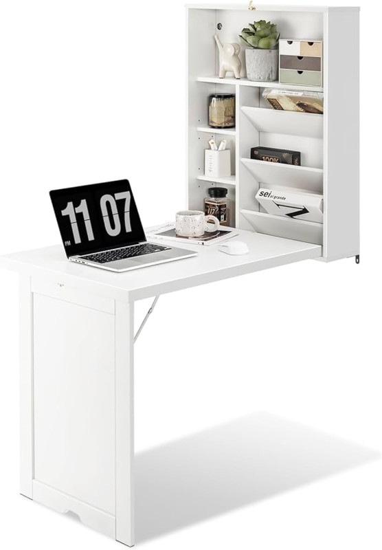 Wall Mounted Desk White Folding Mechanism, Shelving