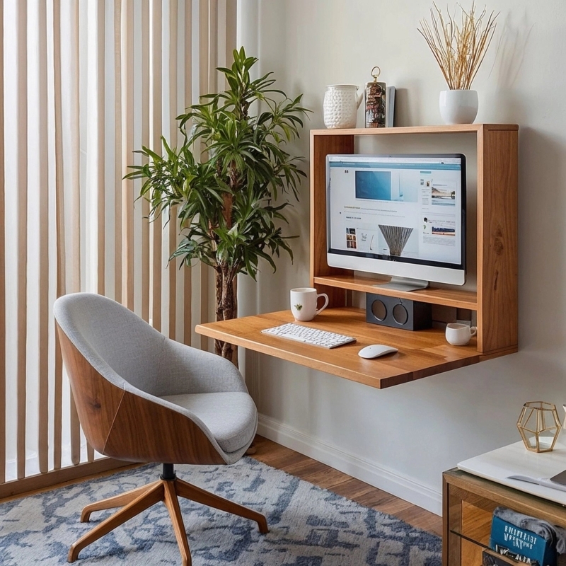 Wall Mounted Desk with Fold Down Surface and Internal Shelving