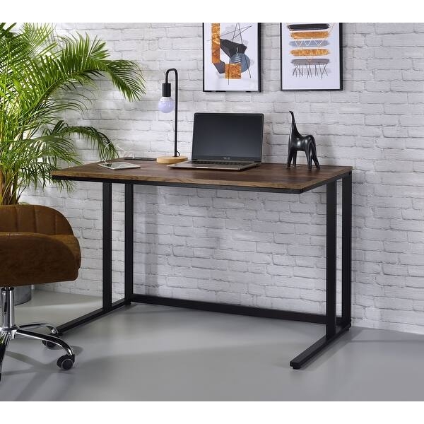 Walnut Computer Desk with Built-In USB Ports and Black Sled Base