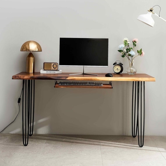 Walnut Slab Office Desk, Live Edge, Black Hairpin Legs