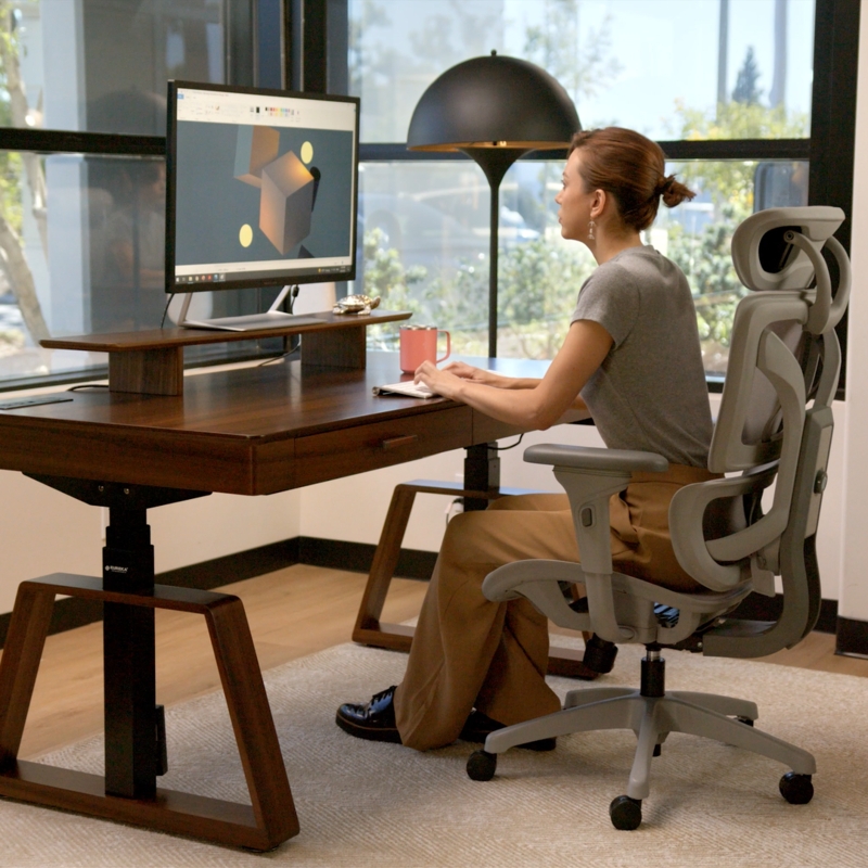 Walnut Standing Desk Monitor Riser Storage Drawers Leather Inlay