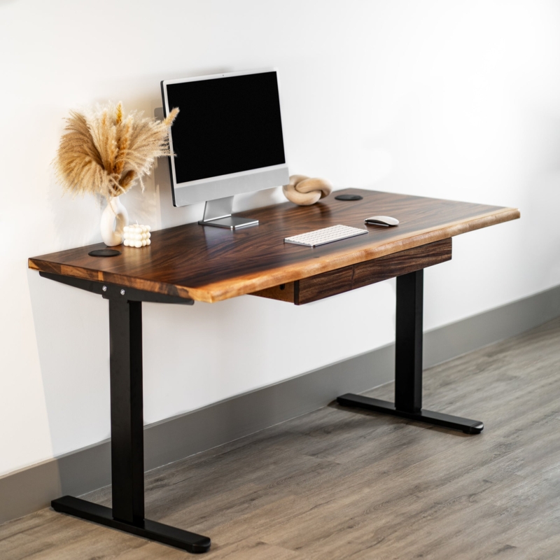 Walnut Standing Desk with Live Edge Top and Integrated Drawer
