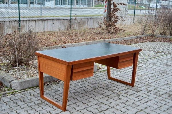 Walnut Writing Desk with Green Leather-Like Inset Top Pedestals