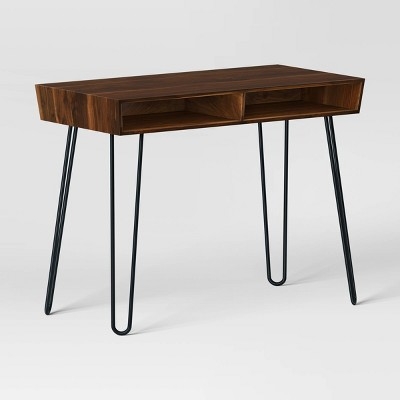 Walnut Writing Desk with Open Storage Cubbies, Hairpin Legs