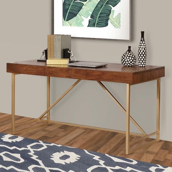 Walnut Writing Desk with Unique Geometric Gold Metal Legs