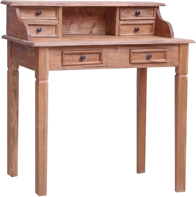 Warm Brown Writing Desk with Integrated Drawers and Brass Knobs