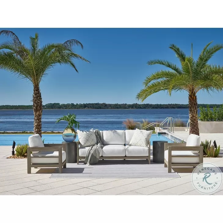 Weathered Wood Slatted Outdoor Sofa with White Cushions