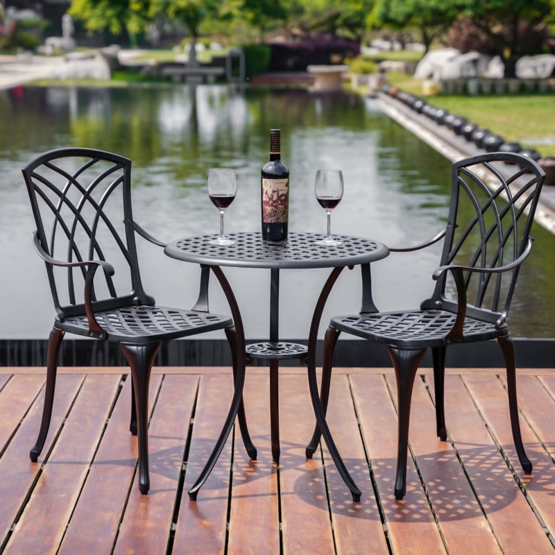 White Bistro Set Cast Aluminum Rose Floral Motif All Weather Finish