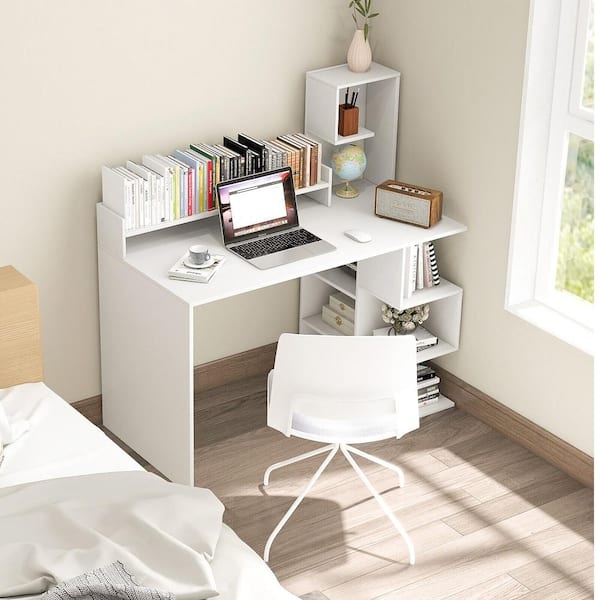 White Computer Desk featuring Integrated Hutch and Vertical Storage