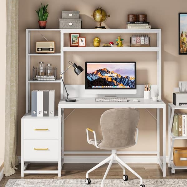 White Computer Desk, Hutch with Side Storage Tower