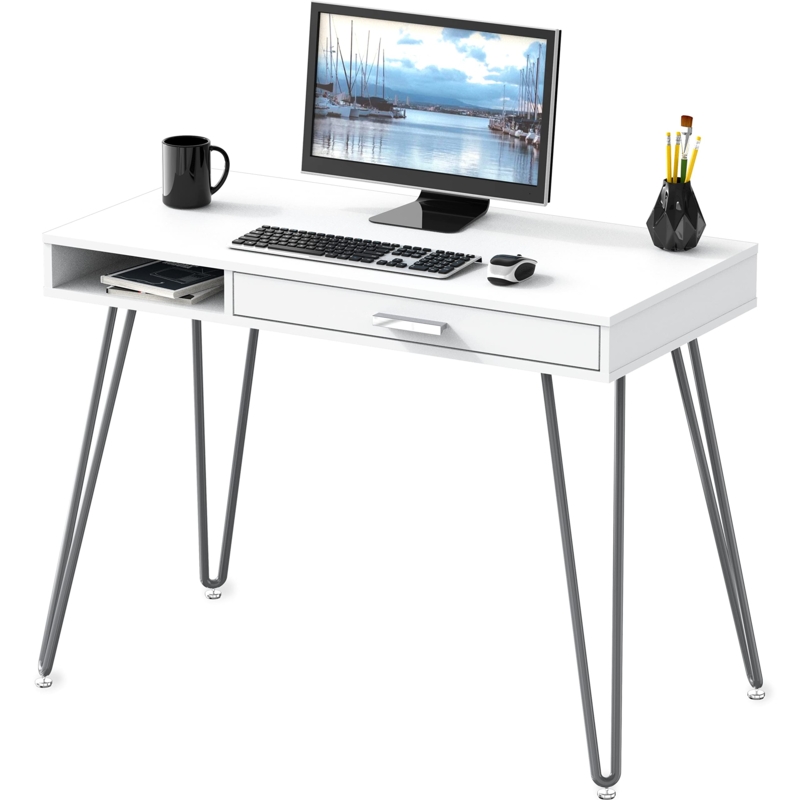 White Computer Desk with Center Drawer, Black Hairpin Legs