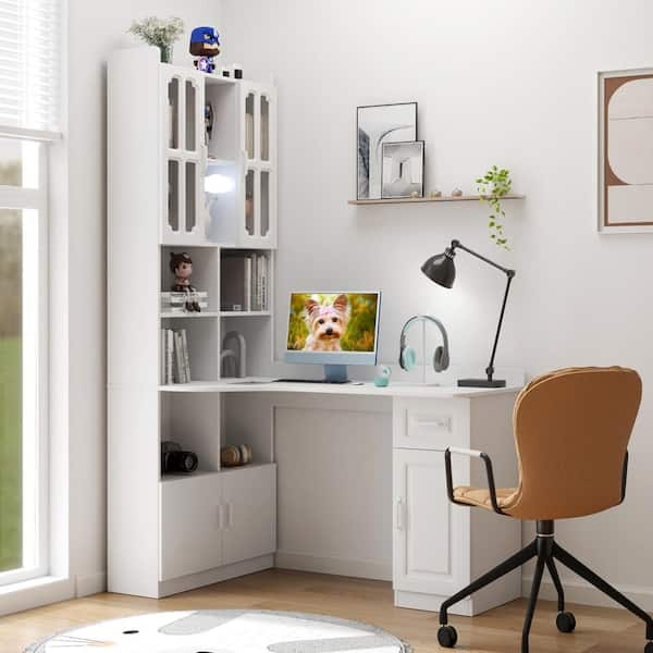White Computer Desk with Monitor Riser and Integrated Hutch