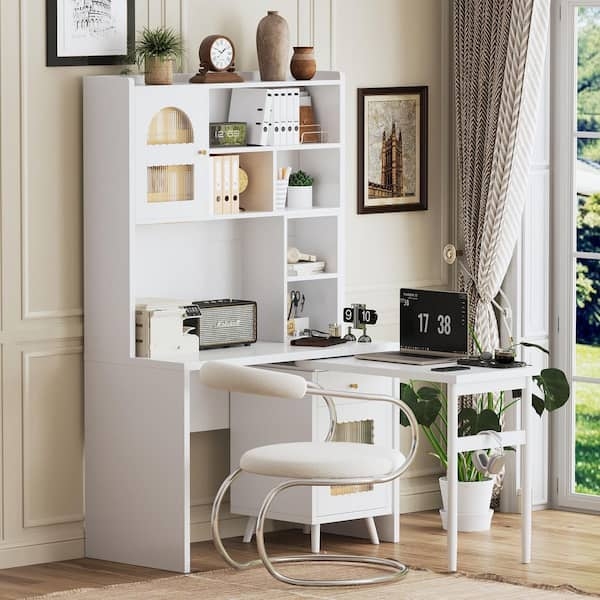 White Computer Desk With Rotating Desktop And Compact Storage
