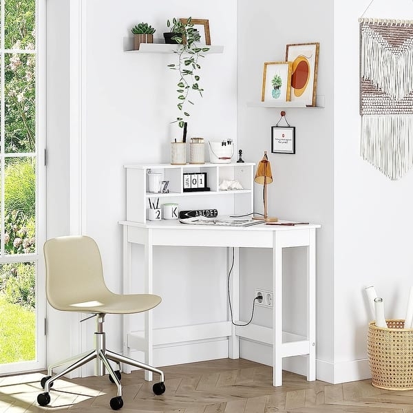 White Corner Desk with Triangular Silhouette and Integrated Hutch