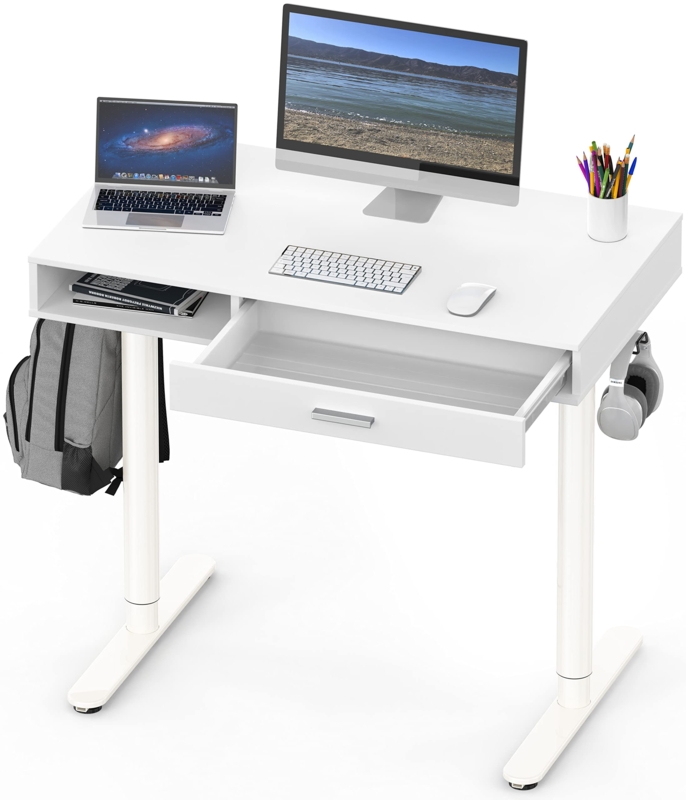White Electric Standing Desk with Integrated Drawer