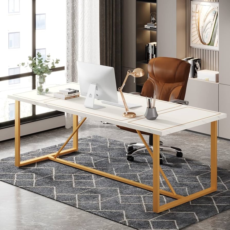 White Executive Desk 71 Inch Width with Gold Geometric Base