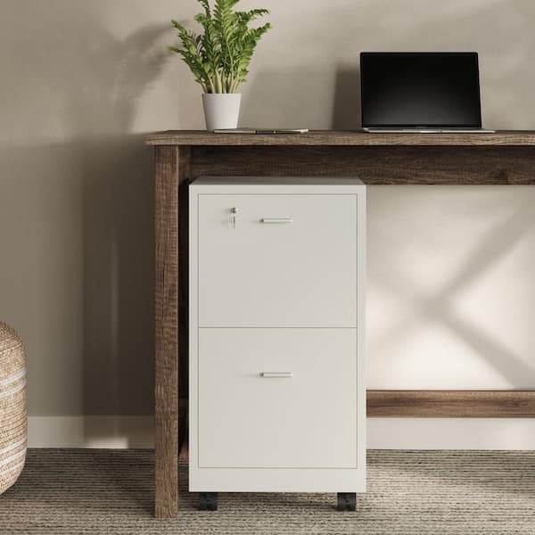 White File Cabinet 2-Drawer Mobile Casters Compact Vertical Design