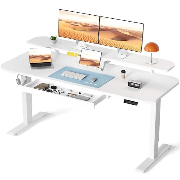 White Frame Electric Standing Desk with Wood Drawers