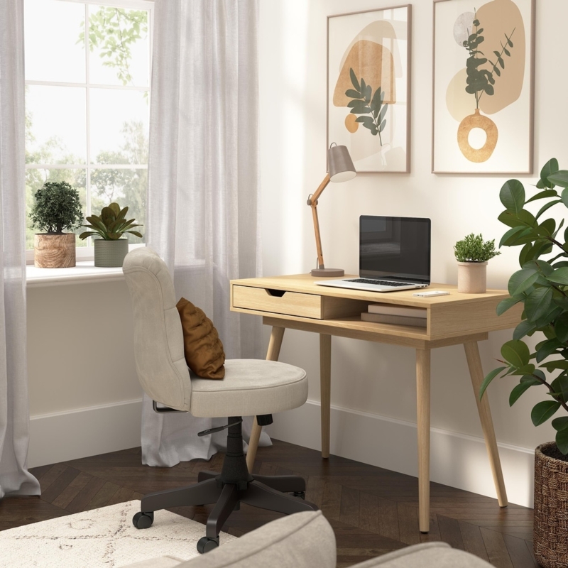White Frame Writing Desk with Open Storage Shelf