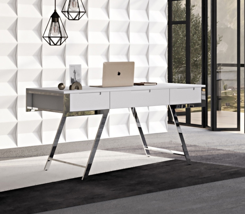 White High-Gloss L-Shaped Desk with Integrated Storage
