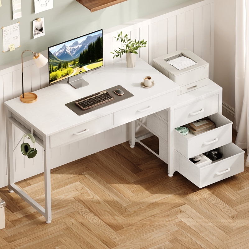 White L-Shaped Computer Desk with Five Drawers and Black Metal Frame