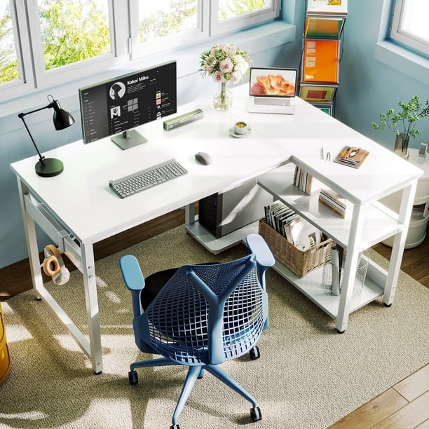White L-Shaped Computer Desk with Monitor Riser and Headphone Hook
