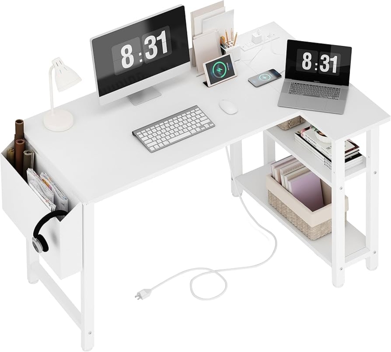White L-Shaped Desk with Power Outlet and Shelves for Small Spaces