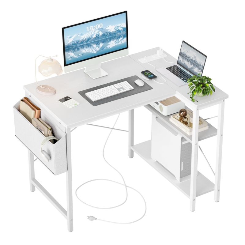 White L-Shaped Desk with Tiered Shelves and Power Outlets
