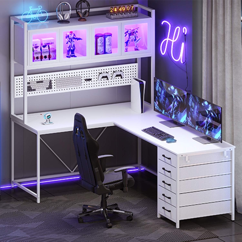 White L-Shaped Gaming Desk with Integrated Pegboard and RGB LEDs