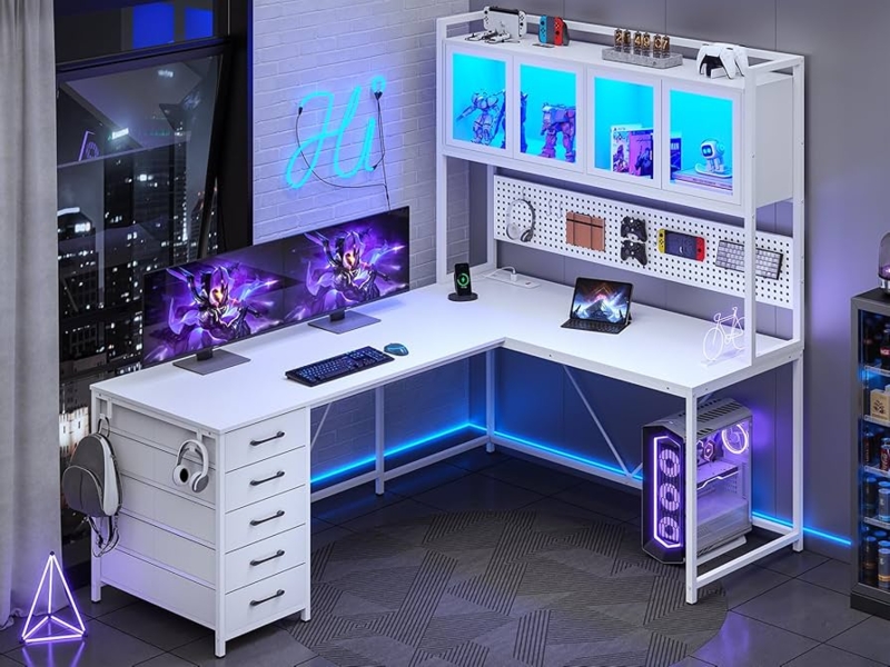 White L-Shaped Gaming Desk with Pegboard Back and Hutch Storage
