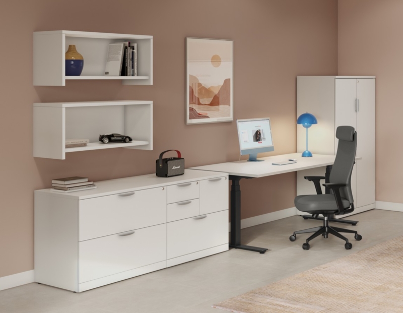 White L-Shaped Standing Desk with Integrated Storage Cabinet