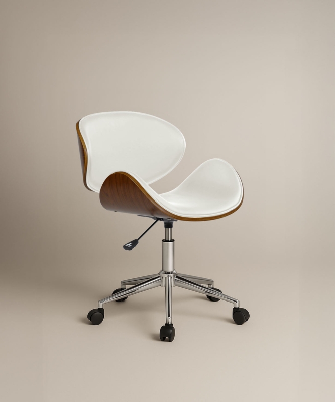 White Leather Ergonomic Desk Chair with Wood Wing Back Silhouette