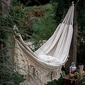 White Macrame Outdoor Swing Bed with Wooden Spreader Bars