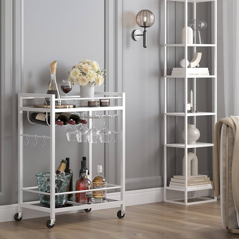 White Metal Bar Cart with Light Wood Toned Shelves and Wine Rack