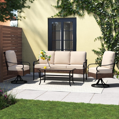 White Metal Patio Set with Swivel Lounge Chairs & Navy Cushions