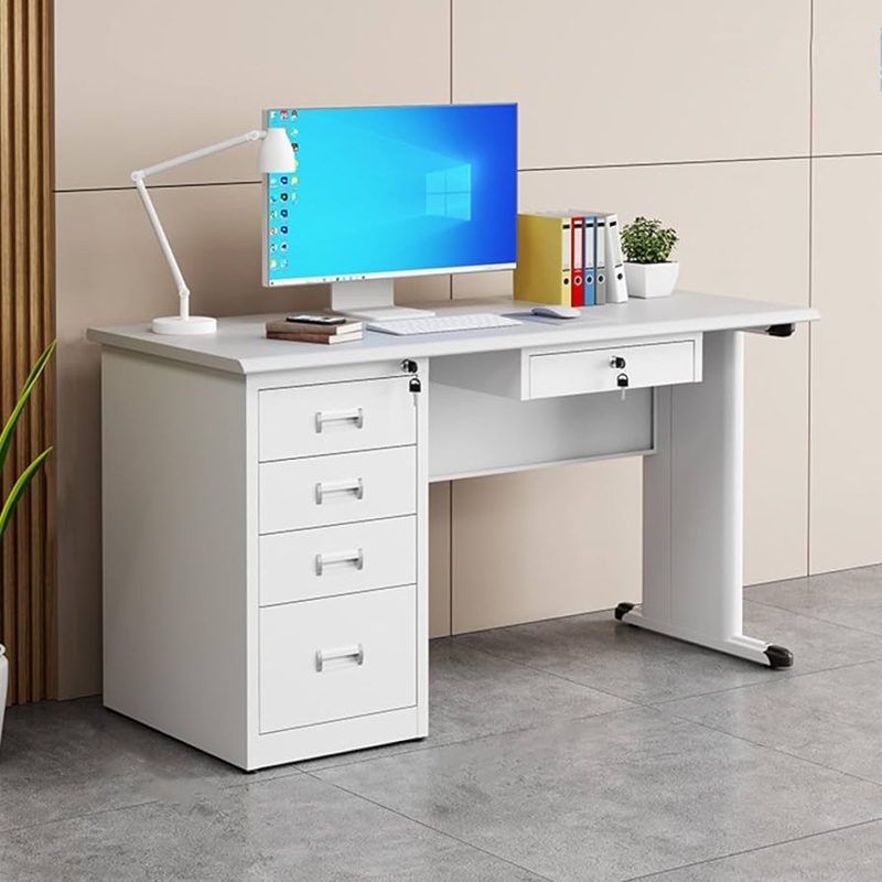 White Metal Writing Desk Cabinet and Drawer Storage Modern
