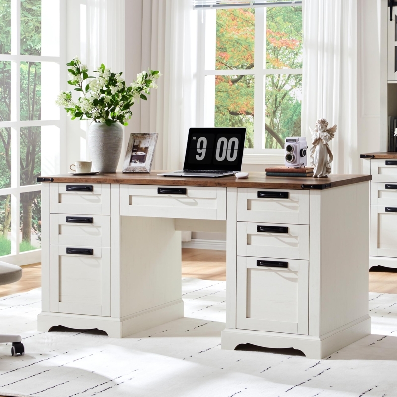 White Office Desk with Drawers and Keyboard Tray