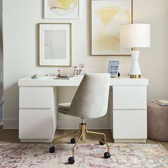 White Parsons Desk Set With Integrated File Cabinet Storage