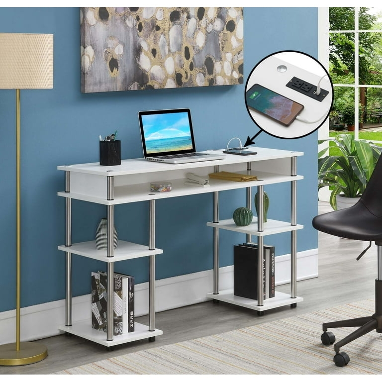 White Student Desk with Integrated Charging Station