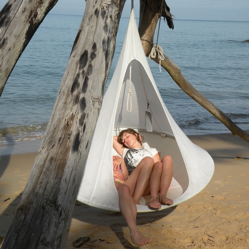 White Tipi Hammock Swing with Suspended Circular Bed and Canopy
