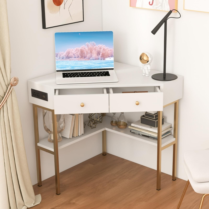 White Triangle Corner Desk with Built-in Power Outlets and Hutch