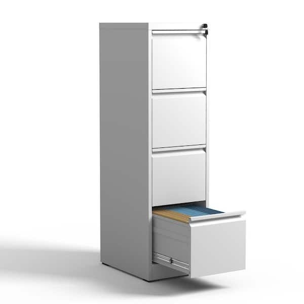 White Vertical File Cabinet, 4-Drawer Narrow Profile Tall Office Organizer with Lock